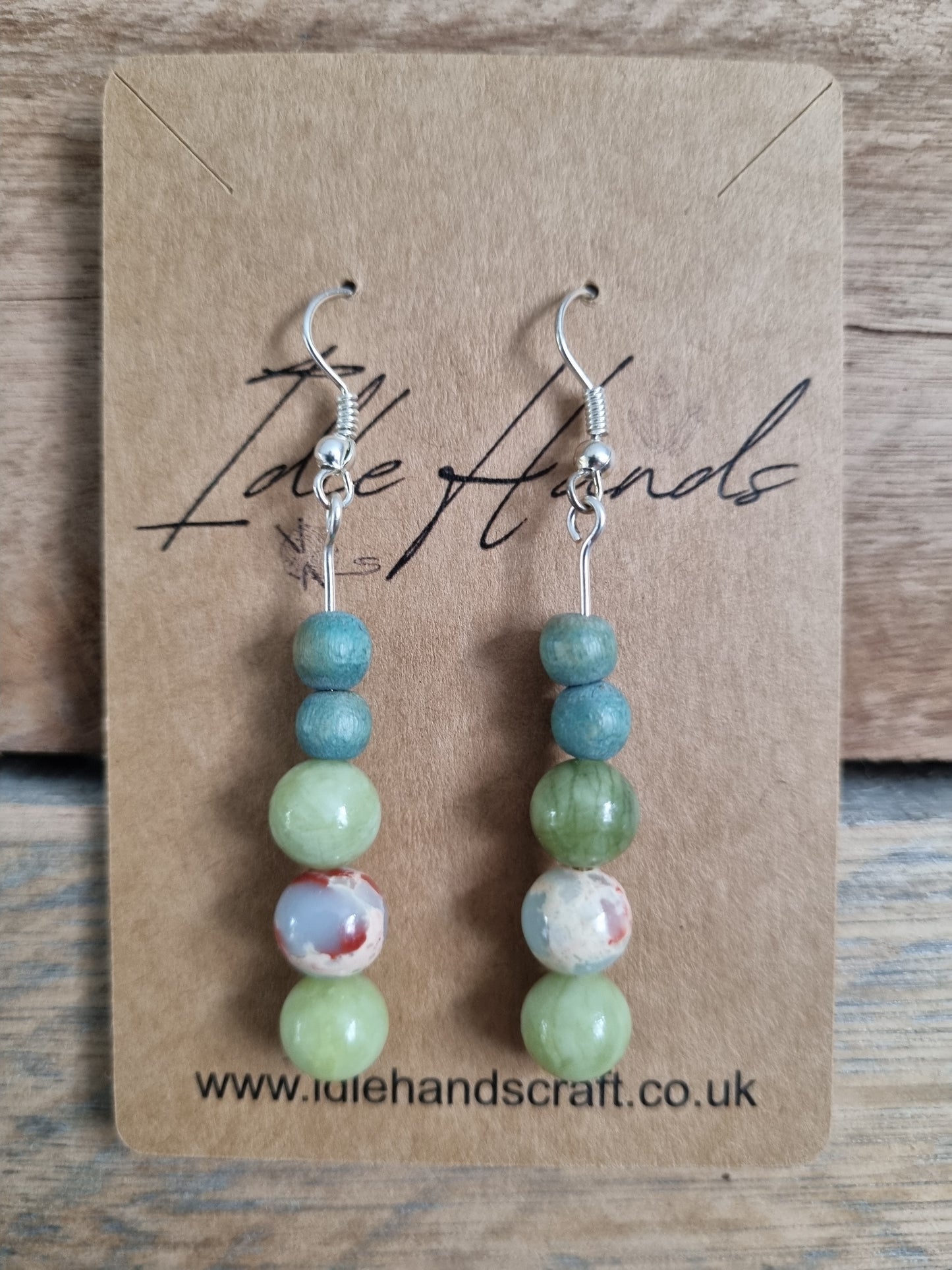 Silver plated earrings with natural stone and wooden beads