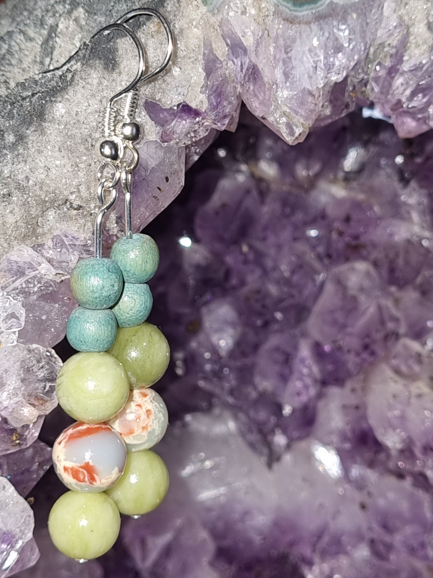 Silver plated earrings with natural stone and wooden beads