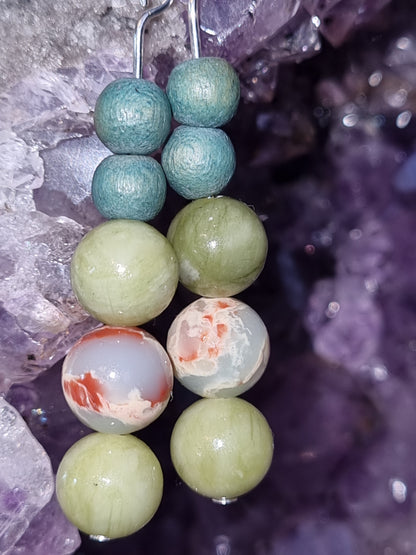 Silver plated earrings with natural stone and wooden beads