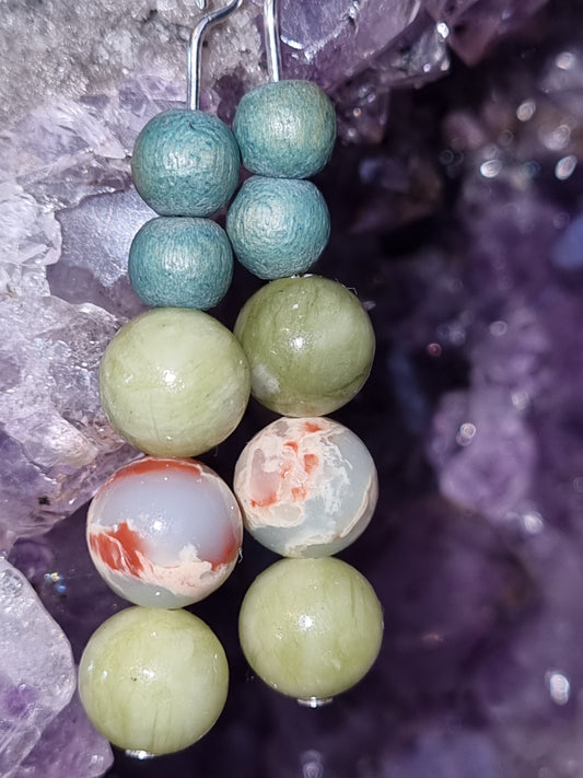 Silver plated earrings with natural stone and wooden beads