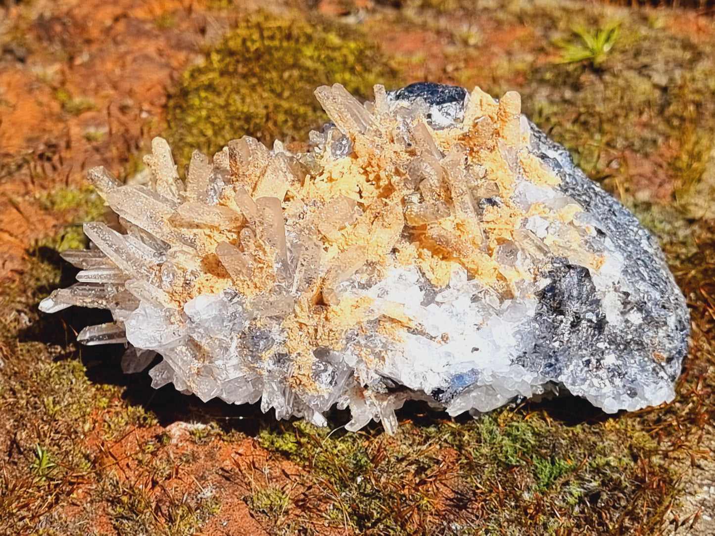 Needle Quartz Cluster on Galena and Sphalerite with Brown Rhodochrosite