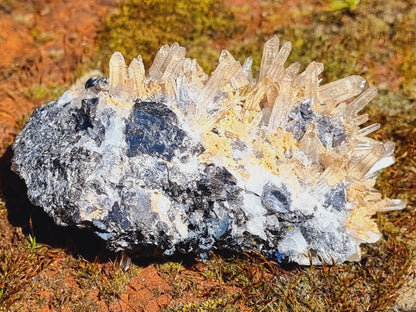 Needle Quartz Cluster on Galena and Sphalerite with Brown Rhodochrosite