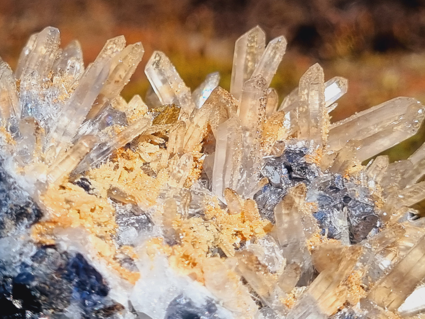 Needle Quartz Cluster on Galena and Sphalerite with Brown Rhodochrosite