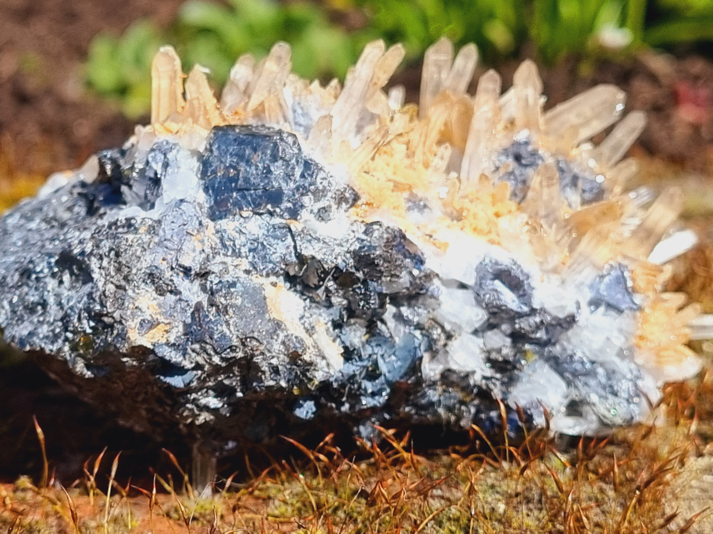 Needle Quartz Cluster on Galena and Sphalerite with Brown Rhodochrosite