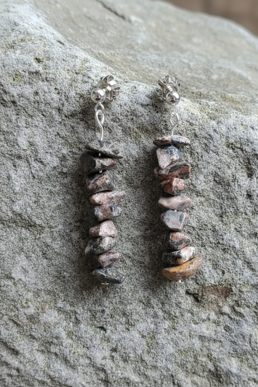Silver Plated Stud Earrings with Leopard Skin Jasper